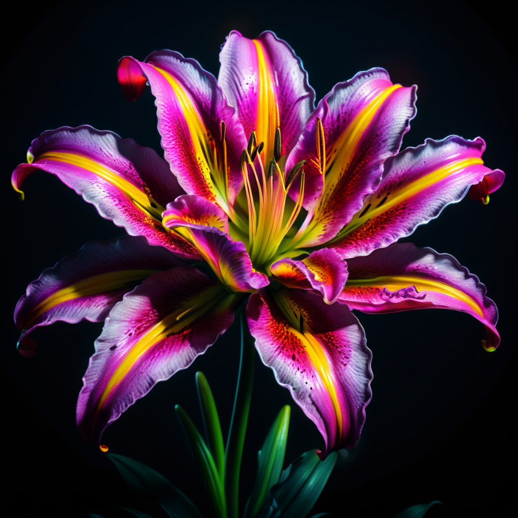 holographic neon lily with a black background