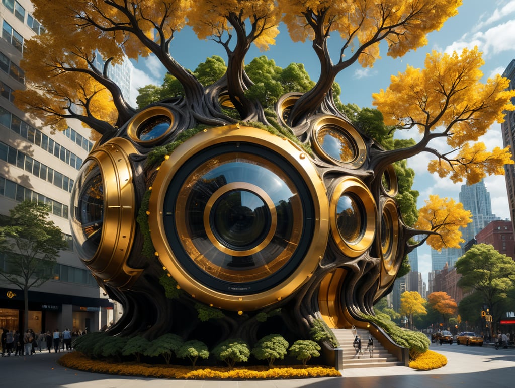 dream prompt: the craziest wide viewing angle and large view lens architectural modern style hyper realistic hyper detailed neocosmic exterior architecture design of a tree shape Fluid complex, gold geometric leaves spectrum, wood::1 white::3, Santiago Calatrava and Aaron Horkey architecture art styles, in new york city, soft ambient, night light, cinematic photo, natural lighting, camera nikon, 8k, --s1000 --style raw, you can imagine