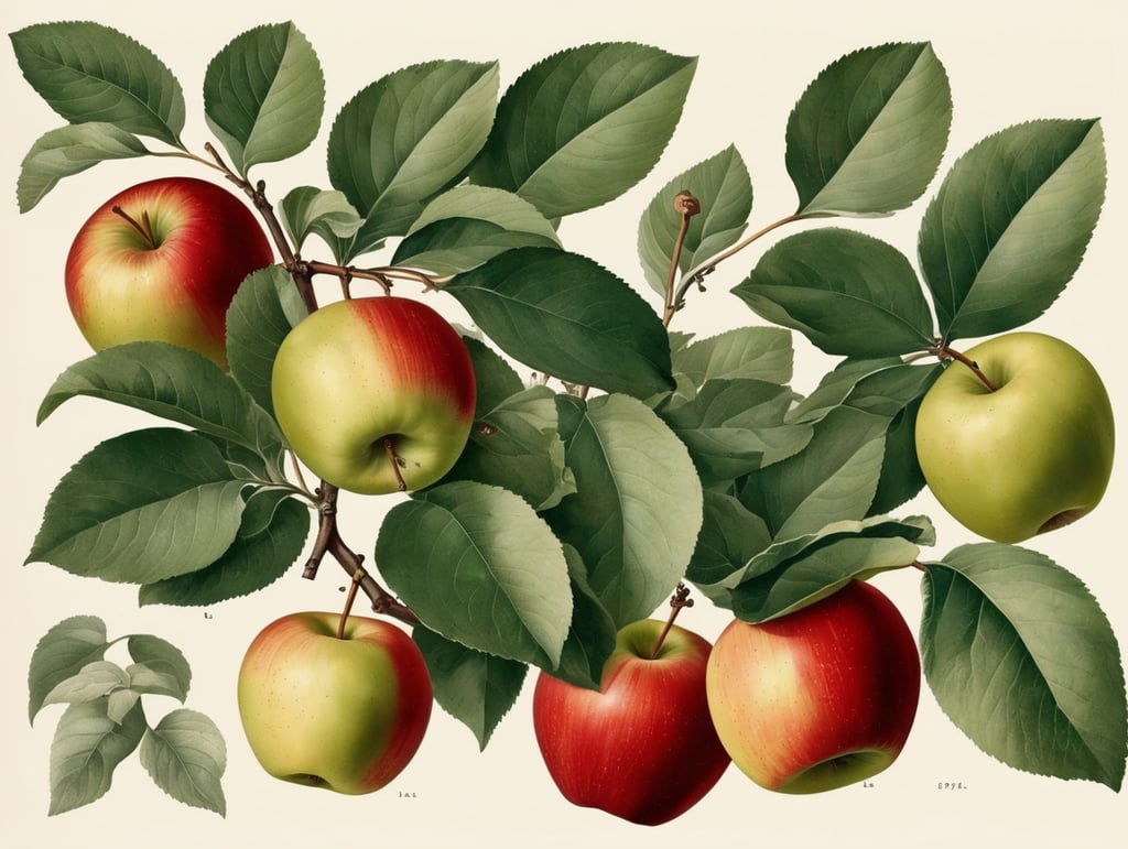 Botanical print. apples with leaves