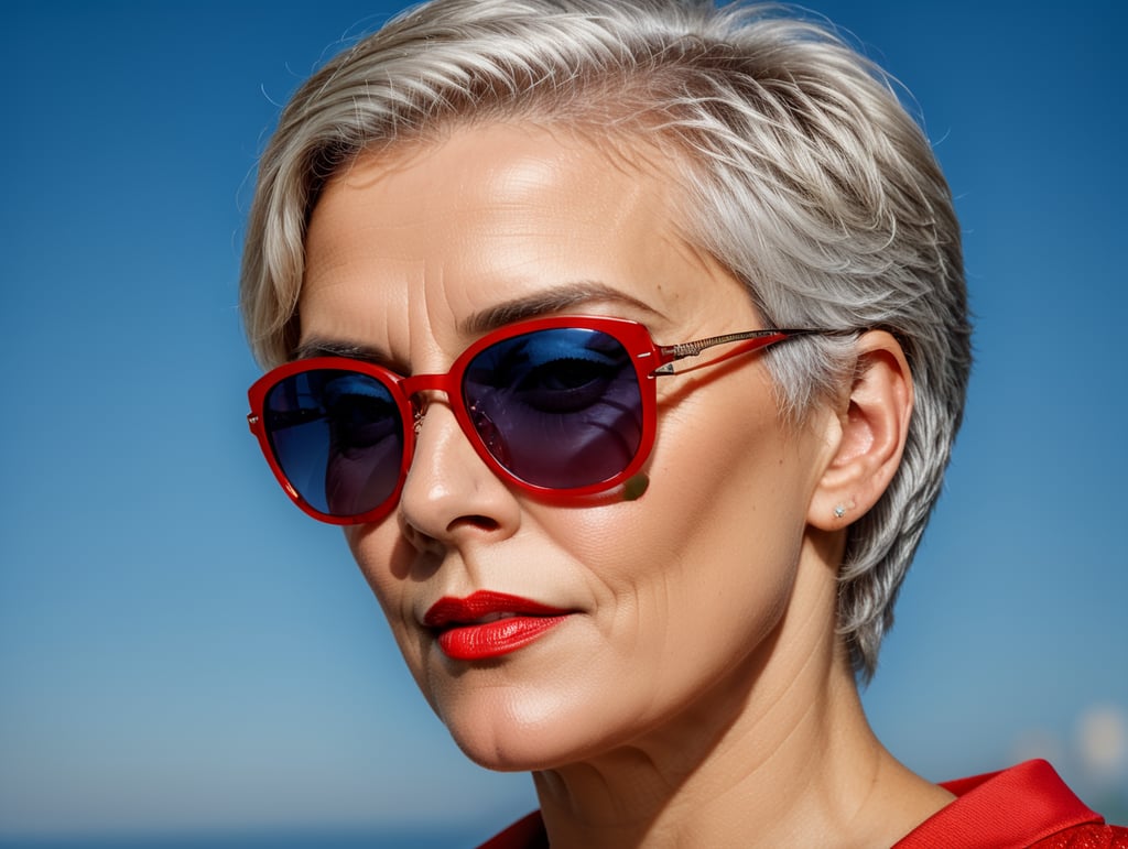 A portrait of a beautiful English older woman with white platinum short hair and big sunglasses, dressed all red, blue background, big cleavage, glamorous London portrait, highly realistic, women designer, very fashionable, colourful