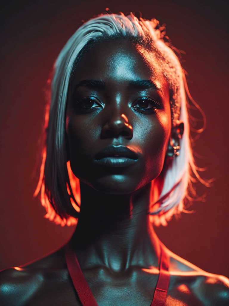 black girl on a red background, red light reflection on her face, White hair