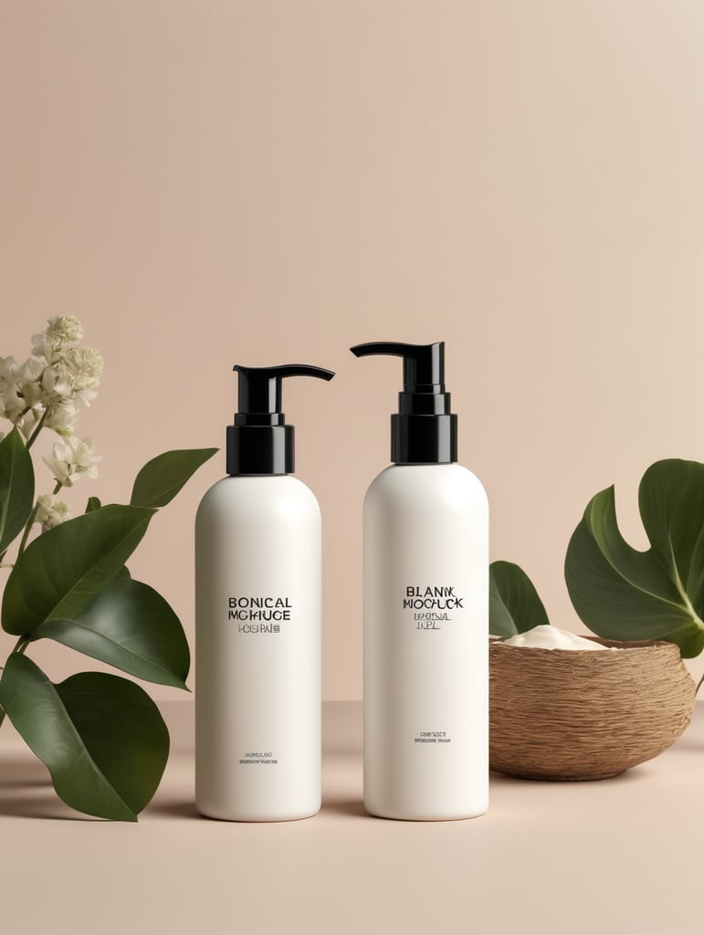 Skincare lotion blank bottle mockup, botanical background