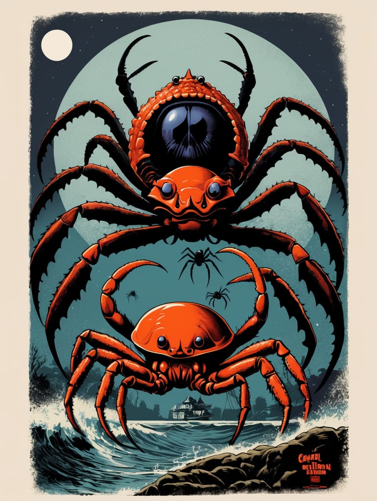 1950's b-movie horror halloween t-shirt print design featuring a giant crab and black widow spider