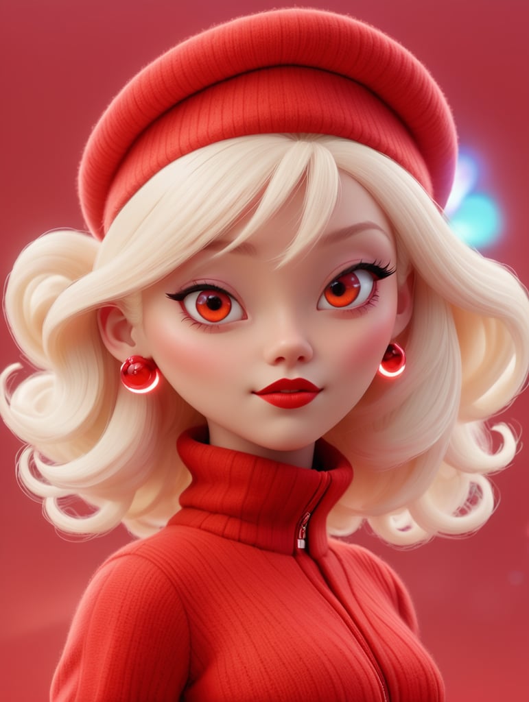 An ethereal albino pop artist in a red sleek futuristic outfit, with a wool beret, light makeup with depth of field, fantastical edgy and regal themed outfit, captured in vivid colors, embodying the essence of fantasy, minimalist, photography 8k resolution image.