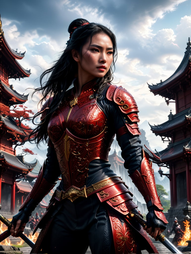 an ultra realistic wide angle epic full body battle shot of Mulan, intricate details, wearing a highly ultra realistic intricate detailed stunning red Samurai costume, ultra detailed sword, smooth edges and curves, surrounded by warriors, war battleground, dark, gothic, Old Japanese architecture palace buildings, photorealistic, cinematic, centered, wet ground, symmetrical volumetric lighting, ambient occlusion, unreal engine, photographed by Akira Kurosawa, inspired by Ran movie, bokeh, particuls, ultra detail