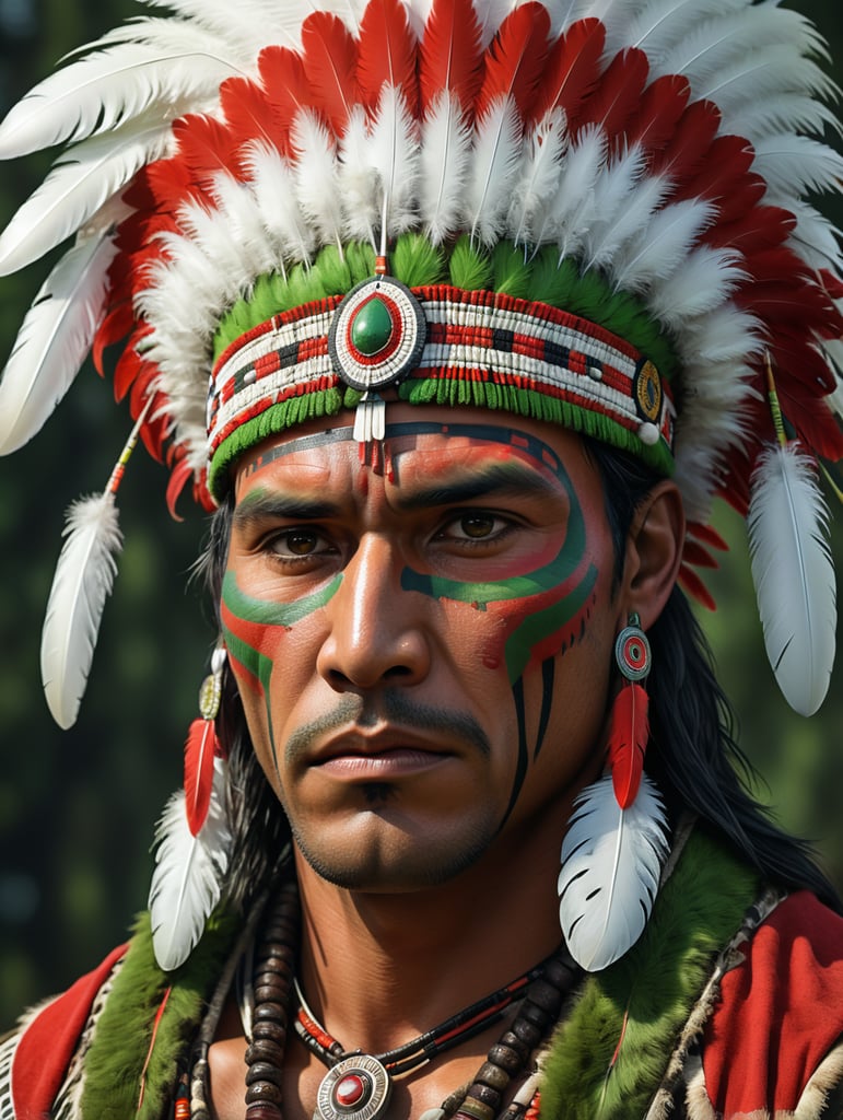 I need an image for a indigenous male from Canada wearing tradition indigenous clothing. Indigenous head feather colors are red, green, white, black use first generated image for the face of the man