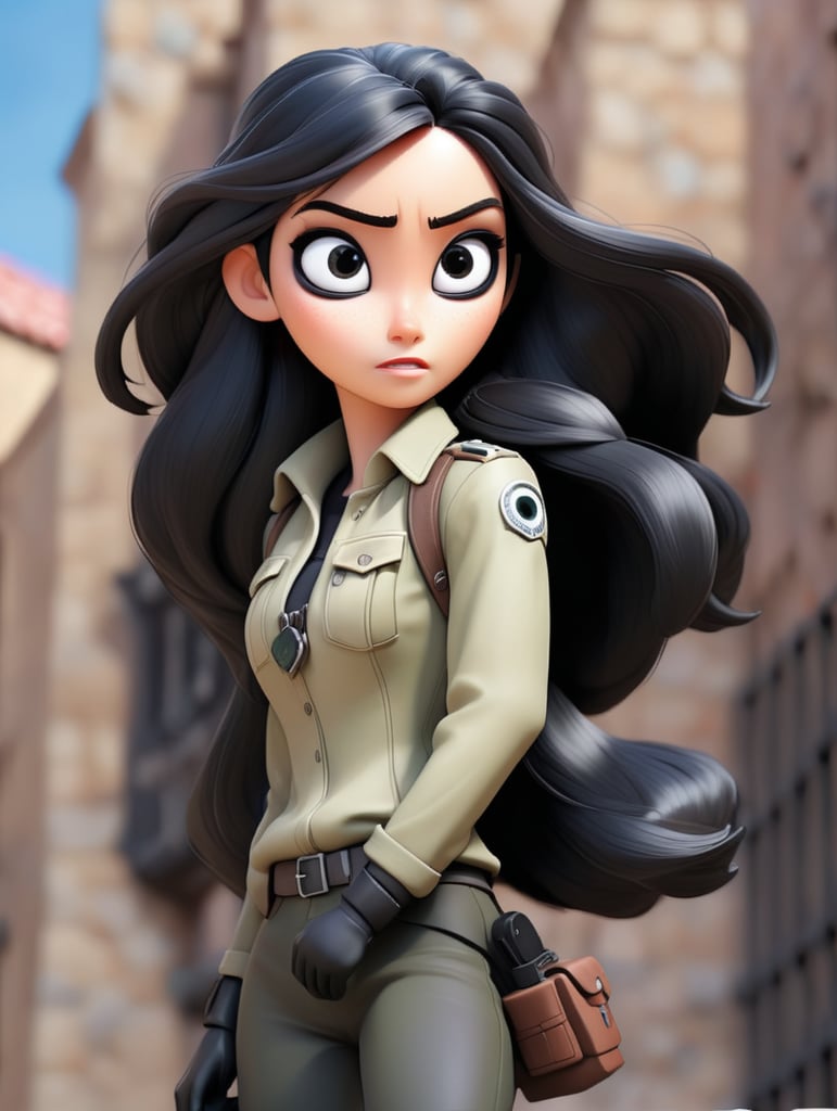 Female with long black hair and dark black eyes from attack on Titan who wear 3D Survey Corps maneuver kit and Walls background