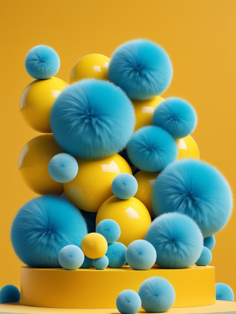 Modern minimal layout podium display with fluffy balls yellow background 3d rendering