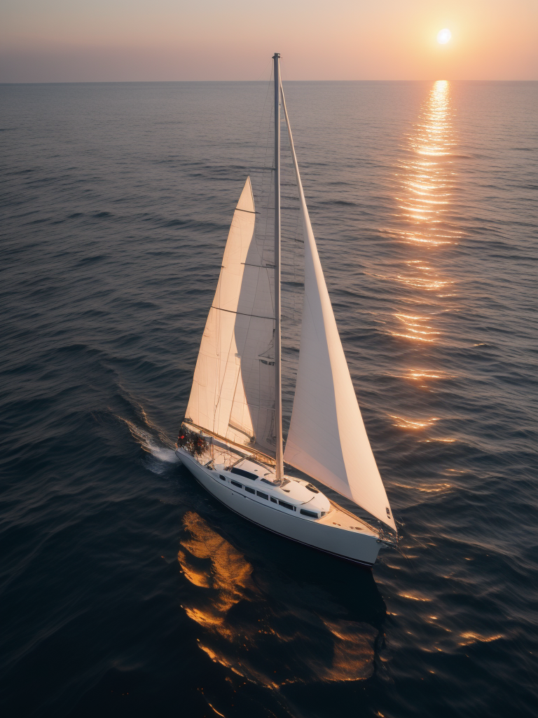 A white sailboat in the sea, sunset, photorealistic, high detail, landscape, contrast light, Bright and saturated colors