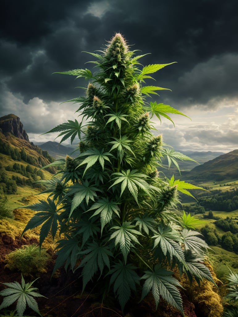 Image of a cannabis plant growing in a Scottish landscape