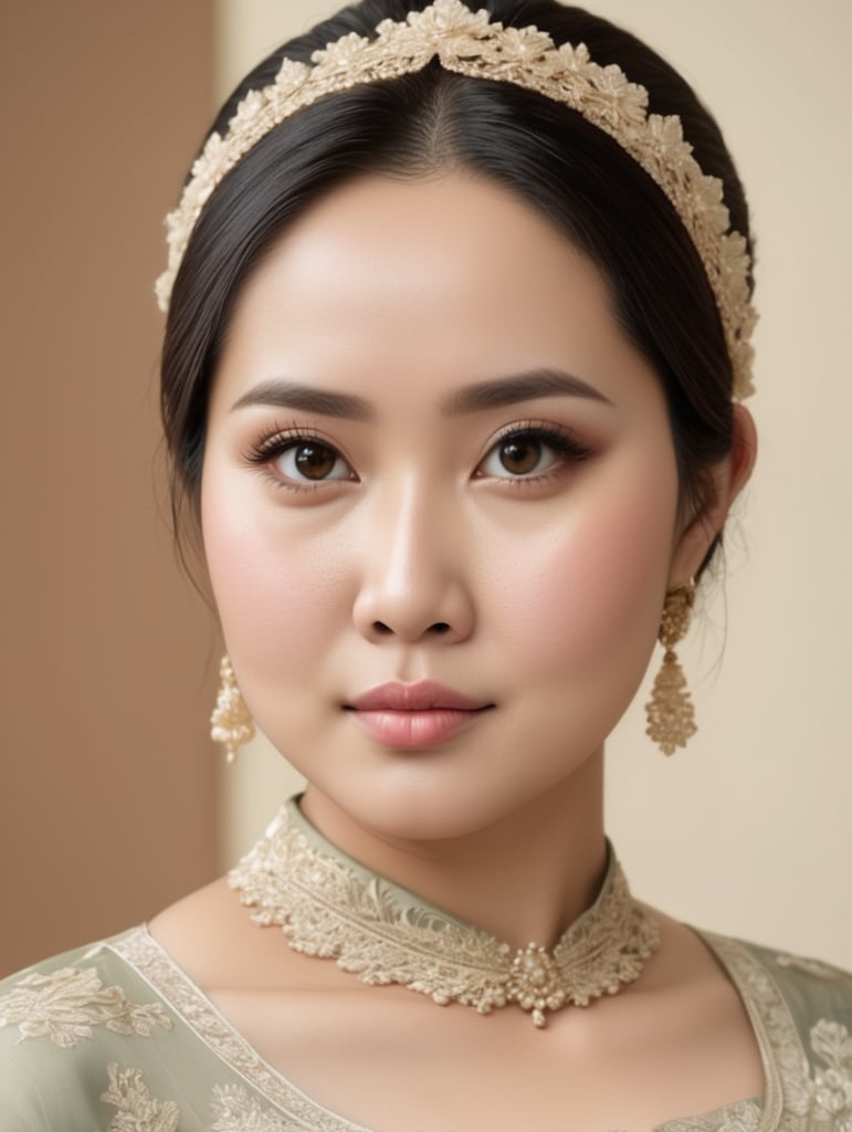 An Indonesian woman is slightly fat, chubby cheeks, flat nose, Slightly oval face shape,wearing a kebaya,No make up, white skin