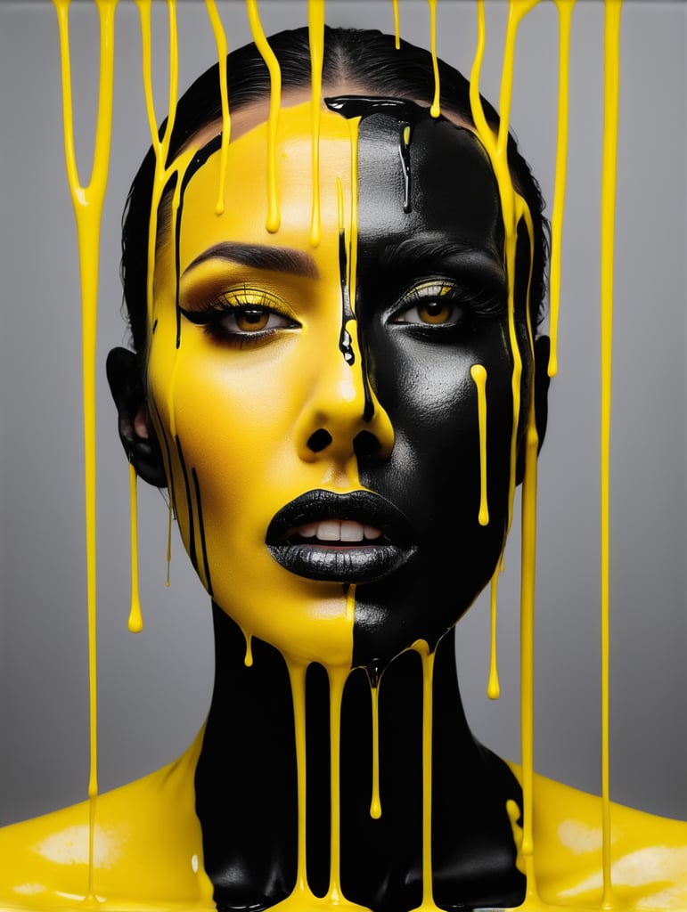 a painting of a woman with yellow forks sticking out of his face, dripping in neon paint, surreal black and yellow, by Antoni Pitxot, neon paint drip, neon, dripping paint, face melting, melting and dripping. eerie, inspired by Nick Gentry, inspired by Roberto Parada, (((yellow))), yellow aura, inspired by Antoni Pitxot