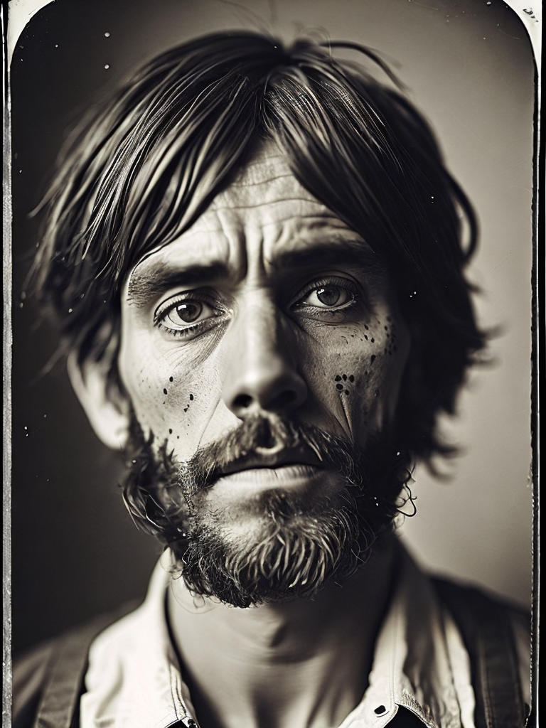 a wet plate photograph of a scary farmer with dark bob haircut, white eye, neutral emotions on his face