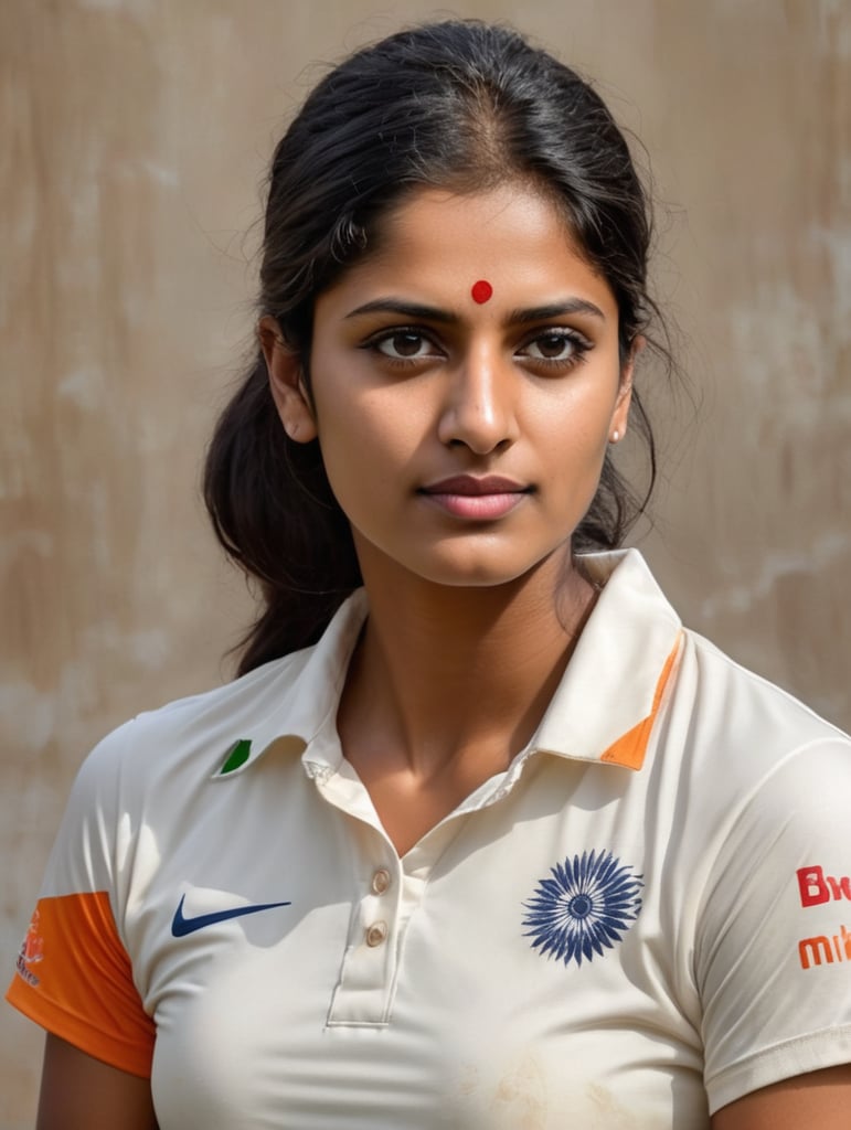 Mitali Raj, Indian cricketer - Abstract form, bold fast patch work colors, full patch colur work technique portrait side face, no make up, natural style of face & hair, no bindi