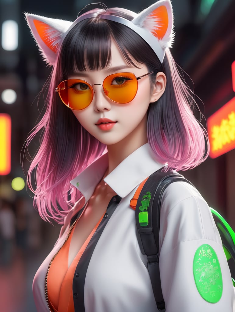 Premium AI Image, modern anime character of Chinese girl AI generated, neon, sunglasses, small cat, lizard