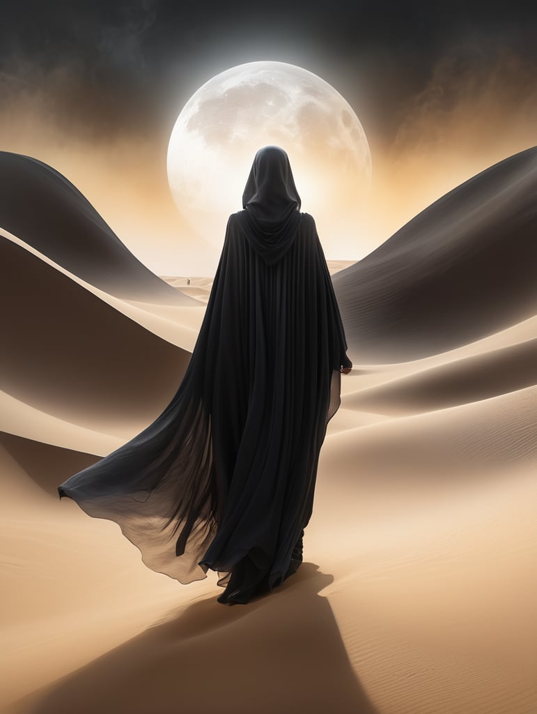 view from behind(((ethereal misty black cloaked woman figure))), clad in dark tones, advancing through a (((dunescape))) under a (rising moon), with (vast, smoldering sand dunes) reflecting an otherworldly light around its surroundings, abstract art