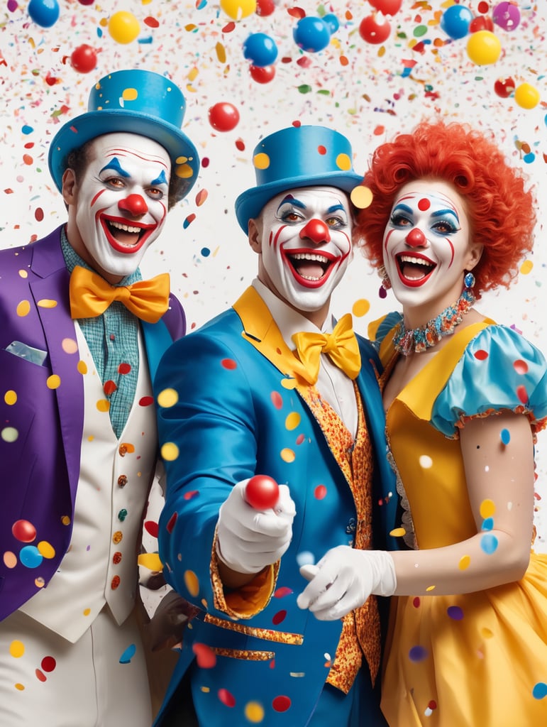 2 homens e uma mulher fantasiados de palhaços felizes jogando confetes e brincando no carnaval com fundo branco