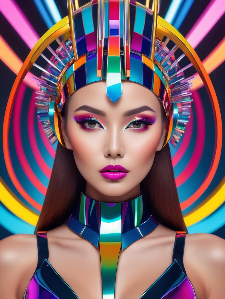 A beautiful female multicoloured pop sleek futuristic with huge headpiece center piece, clean makeup, with depth of field, captured in vivid colors, minimalist