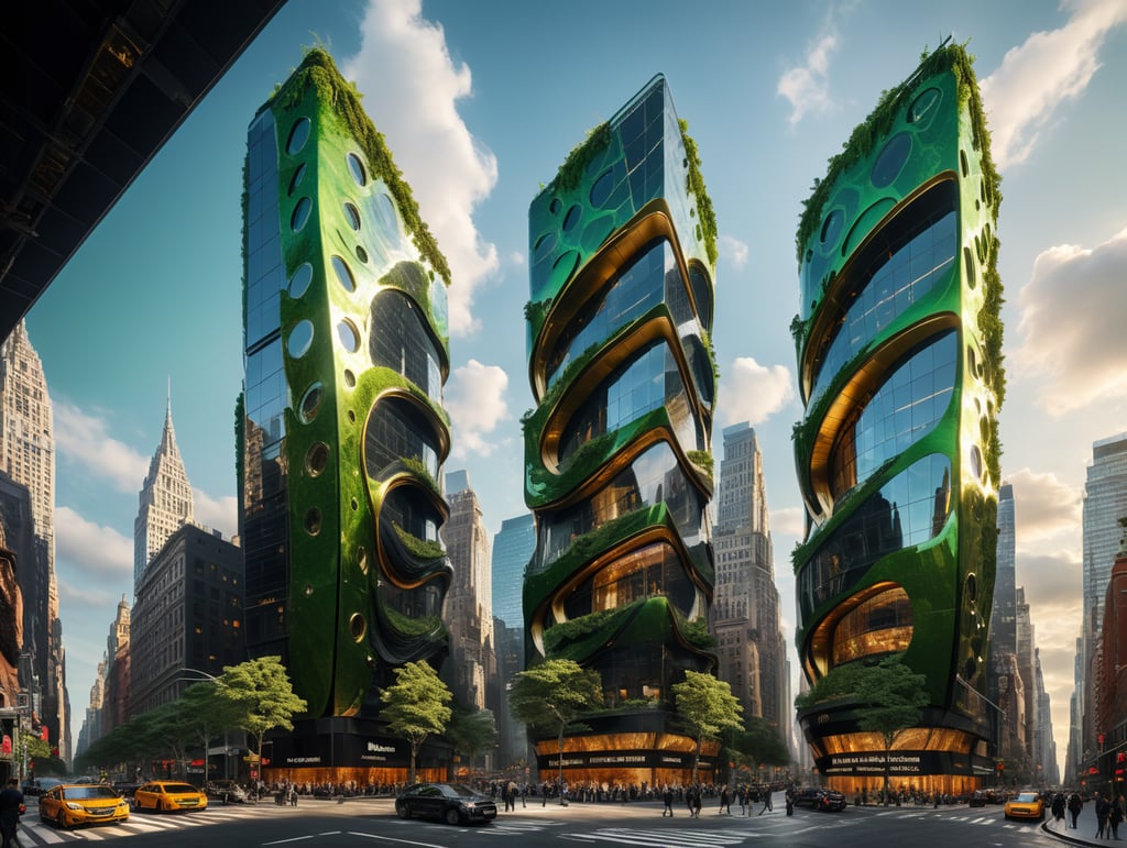 dream prompt: wide viewing angle of a green palette hyper realistic futuristic neocosmic luxury exterior architecture of a complex lines Fluid facade of a complex in a shape of waves spectrum, Agnes Cecile style, dramatic ambience, in new york city, smoke green ::1 gold::2 glass:3, hyper detailed, light studio, camera nikon, 8k, --s1000 --style raw