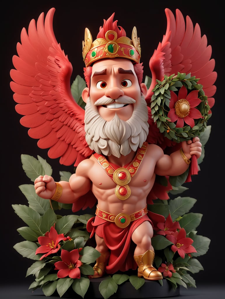 red greek mythological hero hercules, red goddess nike winged, holding a wreath of laurels above hercule's head, black background, raw, saturated colours, front light