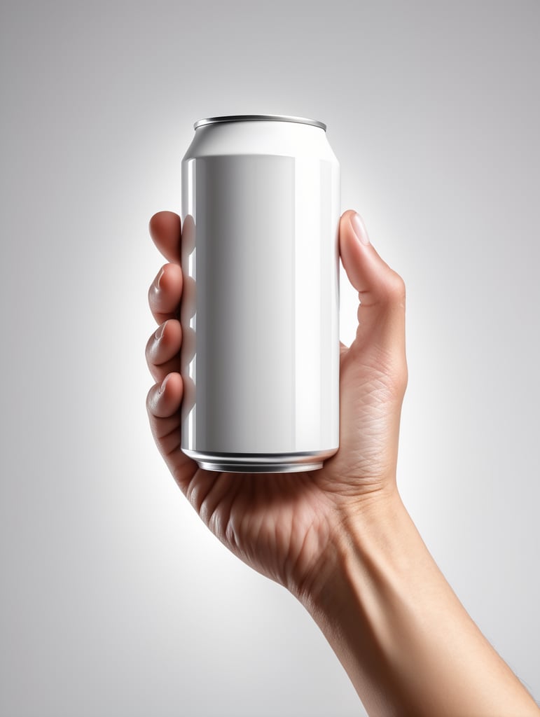 Hand holding a white can, clear, isolated, white background