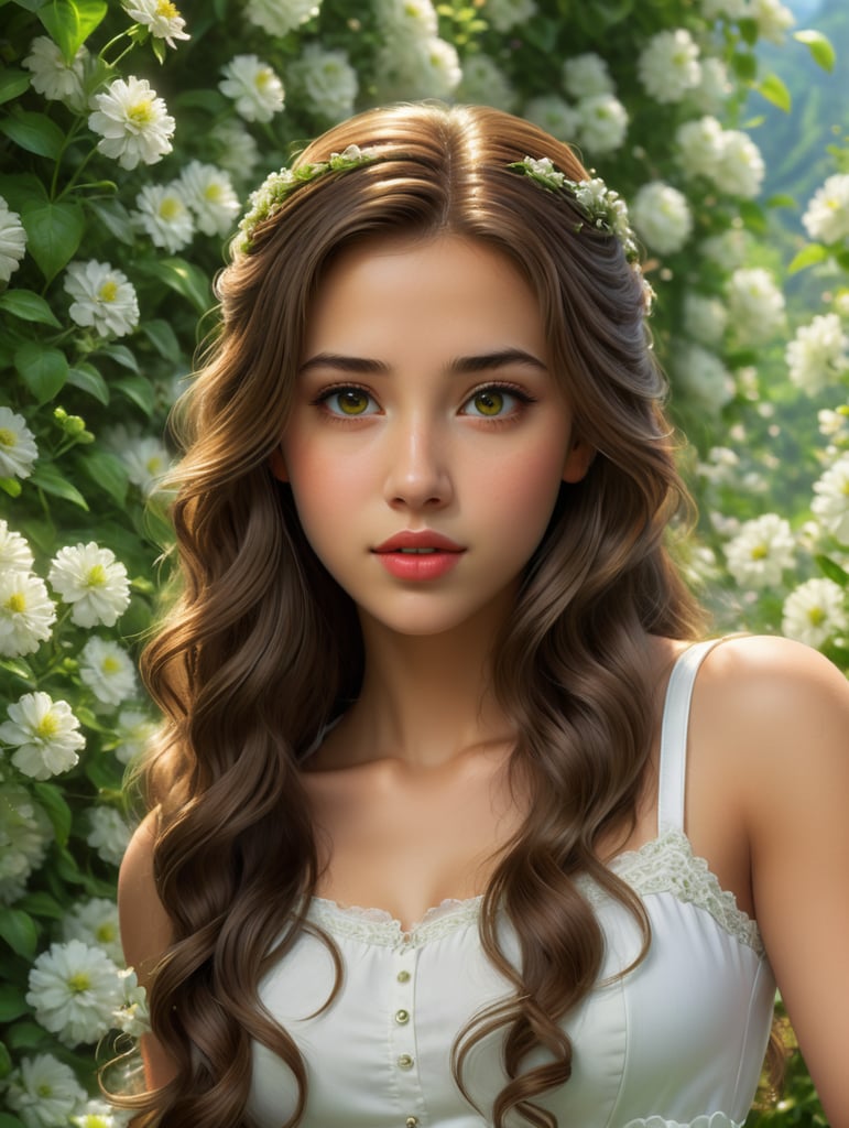 An 18-year-old girl, with brown eyes, full lips, long wavy brown hair, wearing a white top and a white skirt. In the style of the Pixar Universe. The background is delicate, against a background of green flowers.Disney. Name Alina.