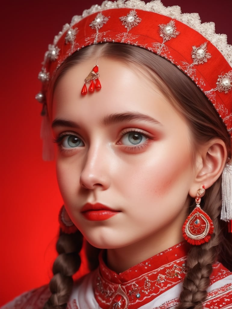 a Ukrainian girl in a national costume on a red background, a reflection of red light on her face, a white mountain