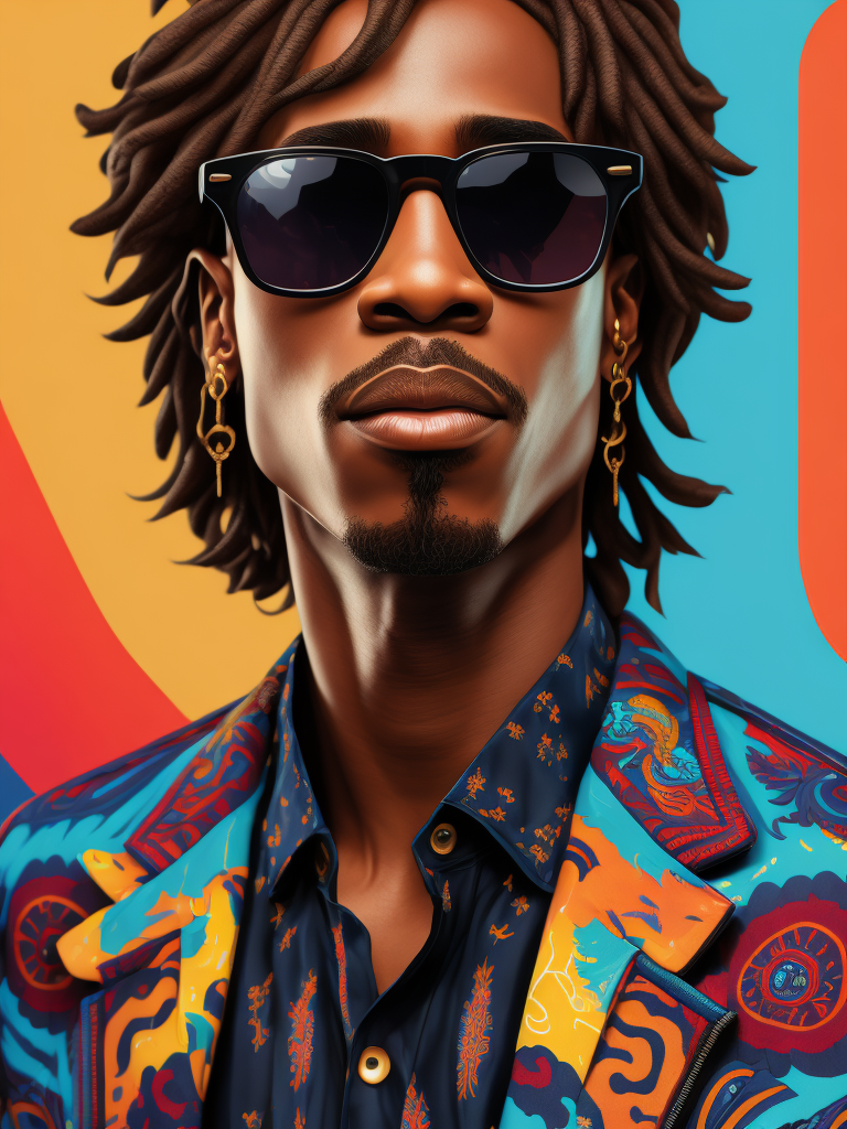 Tupac wearing a brightly patterned jacket and wayfarer glasses, Vivid saturated colors, Contrast color