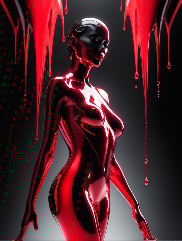 smooth female figure in neon reds, reflection on body, in the style of vray tracing, dripping, grotesque beauty, rendered in cinema4d, mystical, black background, abstract, minimalism