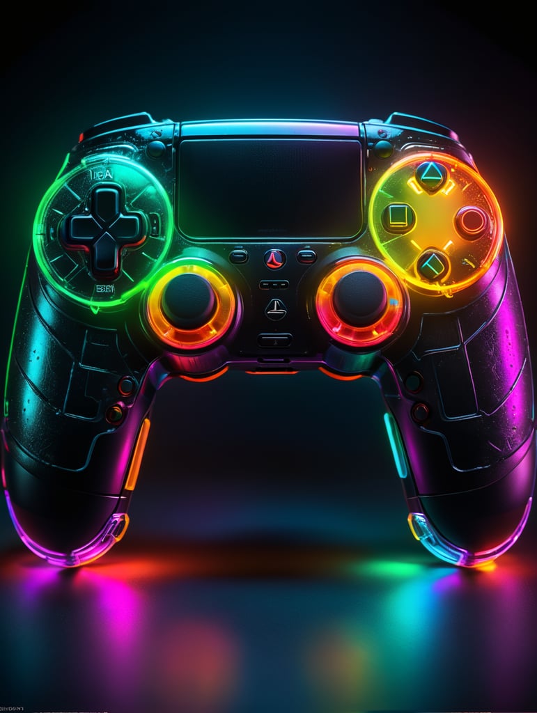 Design a futuristic, neon-colored gaming controller in the style of a playstation controller, glowing neon, semitransparent, deep vibrant colors, high details