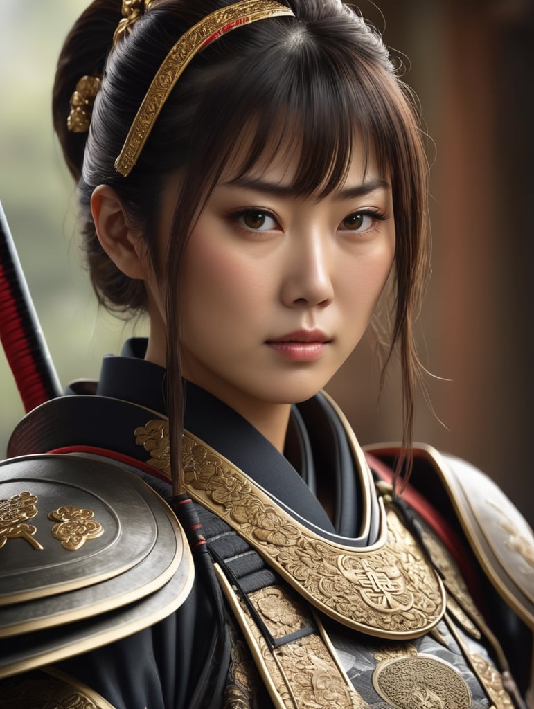 wanita jepang dengan pakaian samurai, foto setengah badan, Ultra realistic human photo, realistic, raytracing, Cinematic, Ultra HD, Professional photography, ultrafine detailed, crazy details, intricate details