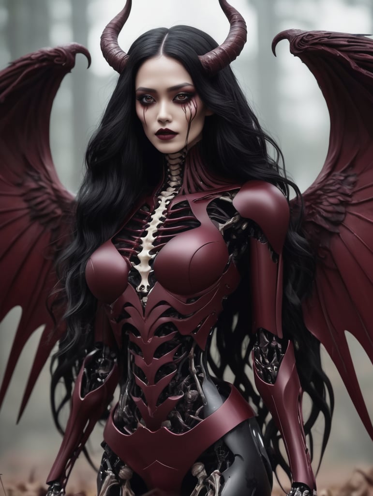 tall, scary, maroon entity, female, long floating black hair w soft waves, maroon flesh, no skin, maroon curved horns, black wings, scrawny, skeletal, maroon skeleton face, no eyes, black hollow eyes, broad chest, broad shoulders, narrow waist