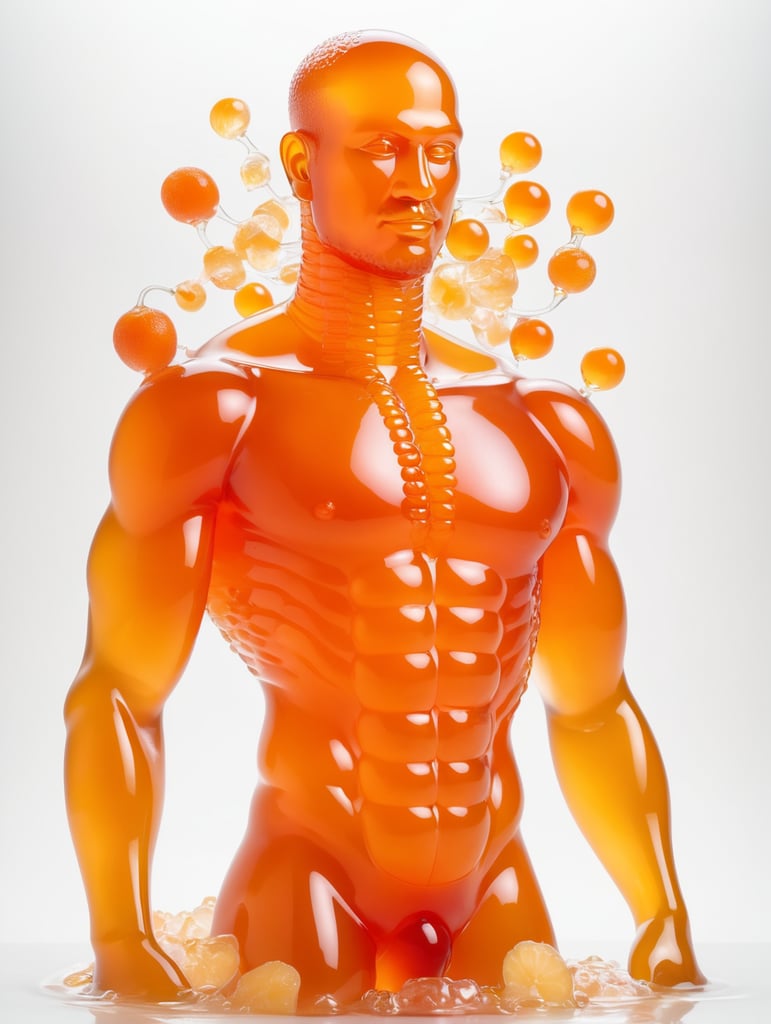 Portrait of a Translucent orange man made from the orange fruit jelly with pice of fruit, organs are visible through the jelly