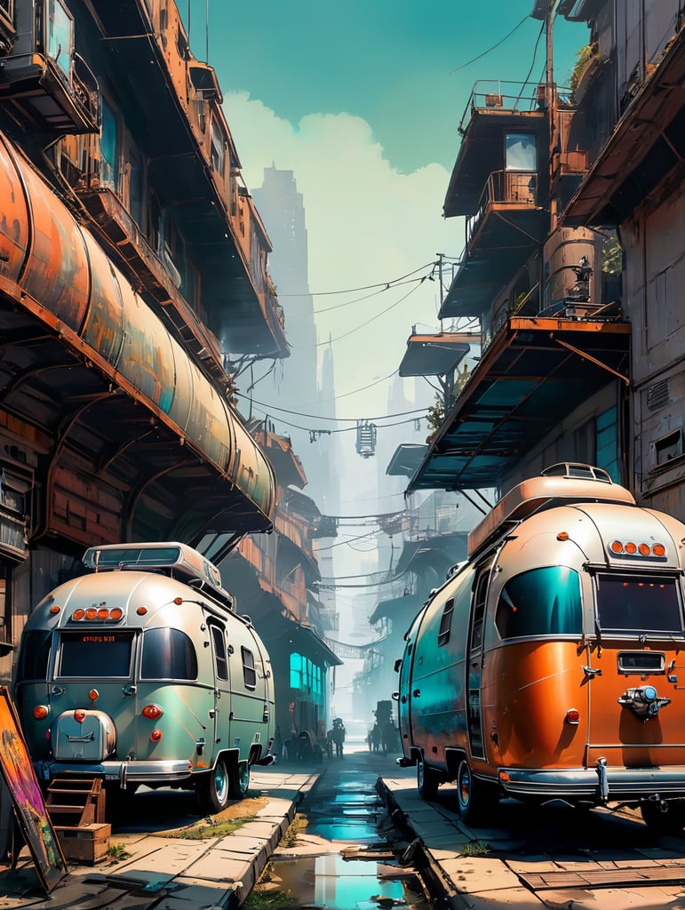 Futuristic alien Airstream camping trailers, steampunk and neon, cyber technology
