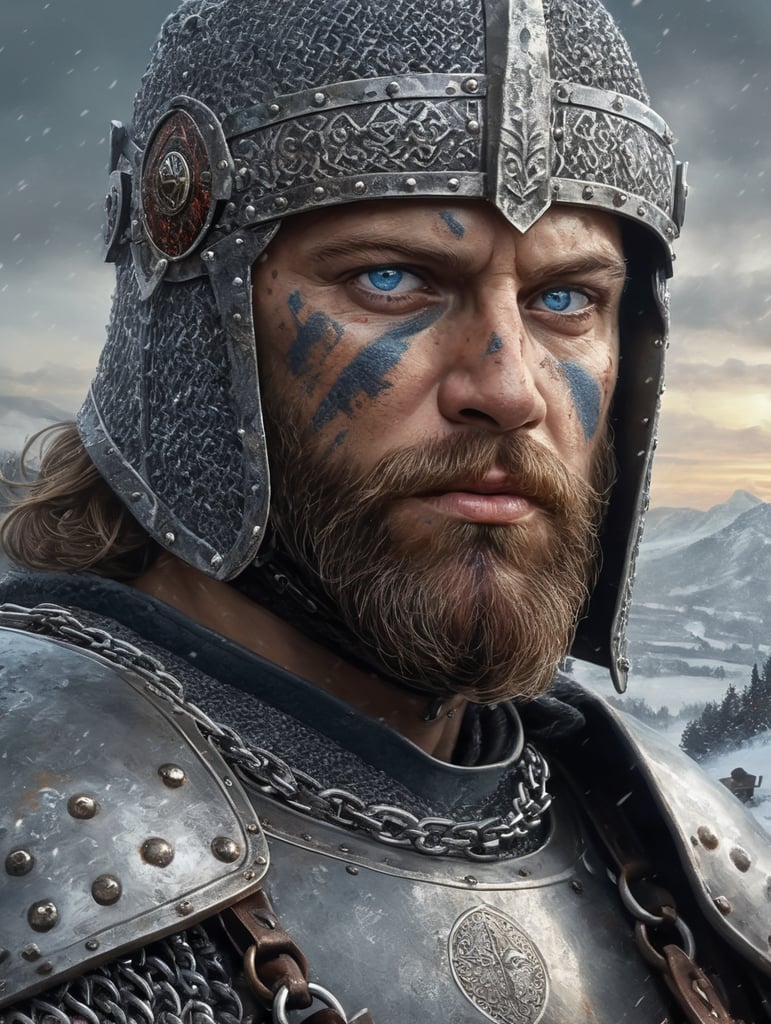 Portrait of a medieval Slavic warrior with a beard, wearing a helmet and chain mail, gray-blue eyes, a face stained with blood, against the backdrop of a winter landscape