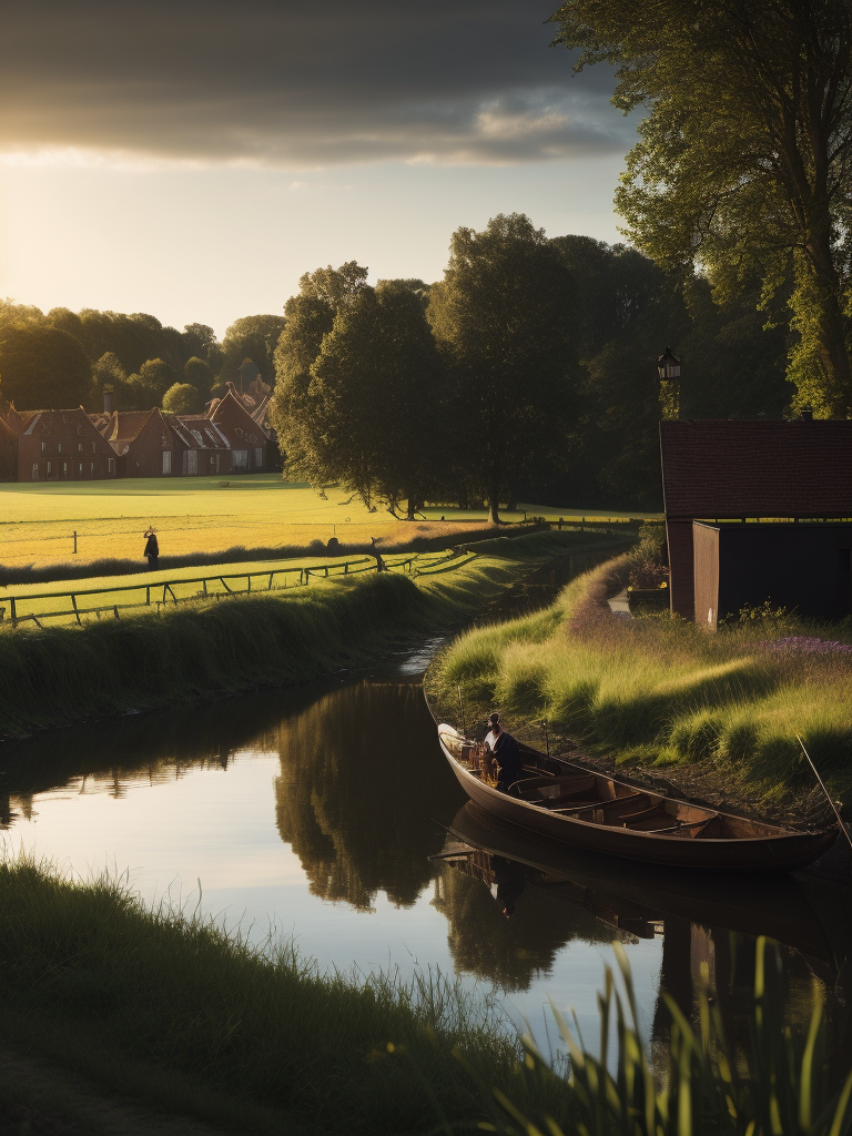 modern day ducth countryside canals and nature in the style of the dutch golden age artists rembrandt and vermeer. make refrence to the british artist turner, beautiful high detail