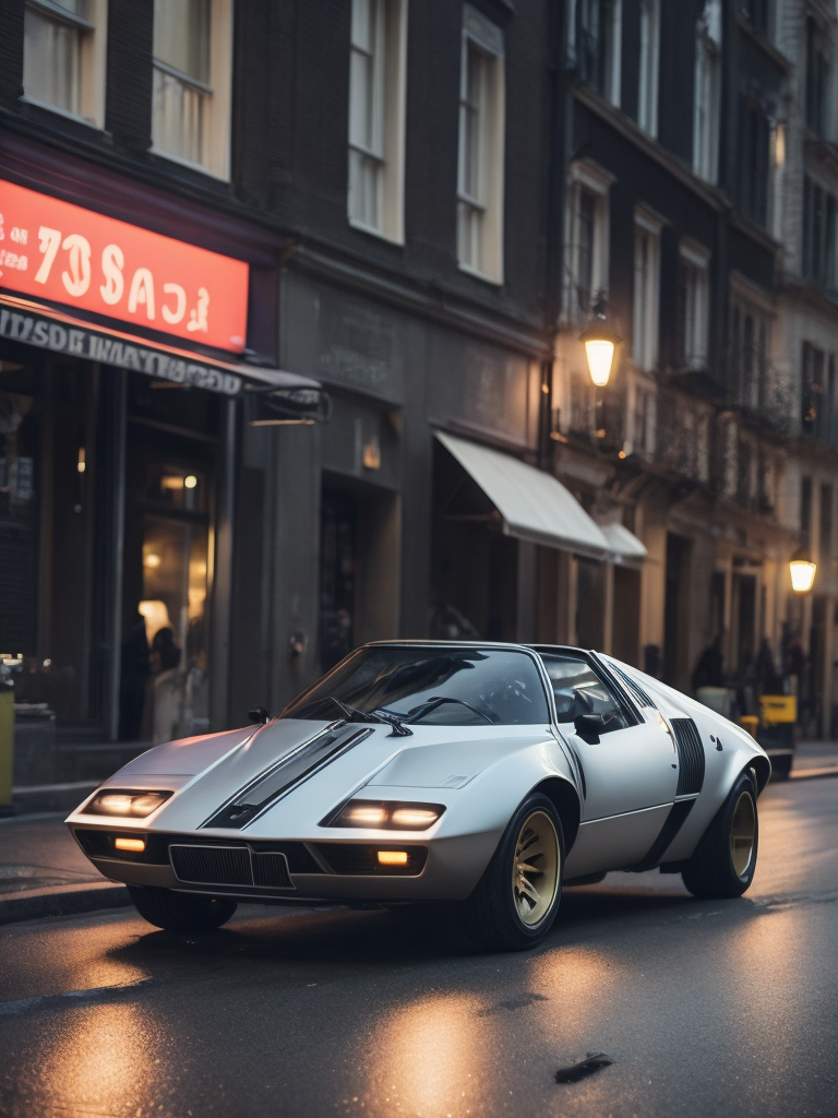 analog gloomy photo of a silver Lancia Stratos Zero car, low view, ground level view, diagnoal view, brushed aluminum, driving on a busy city street at night, dark photo, neon lights, smokey atmosphere