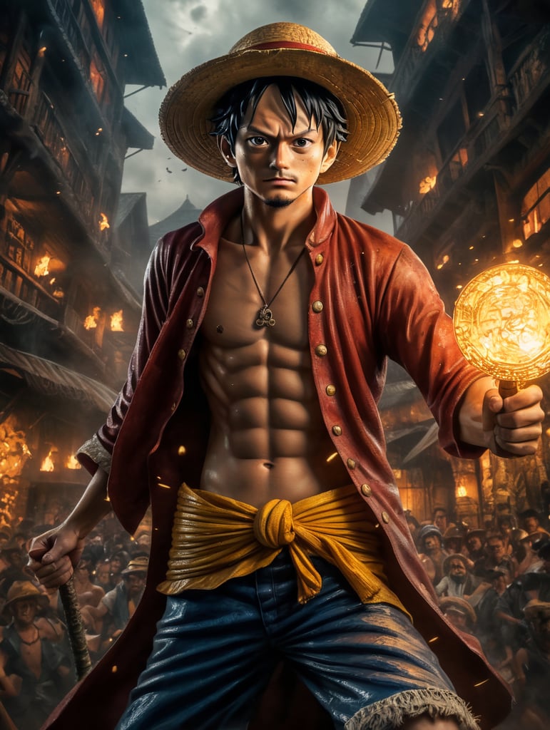 one piece luffy Netflix série, pirografia ultra realista com muitos detalhes