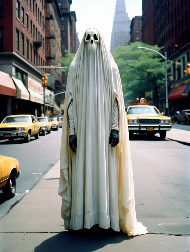 Very creepy realistic ghost standing in the street, new york city, portra 400, vintage photo