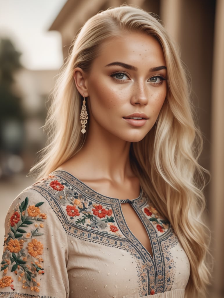 Beautiful blonde woman with freckles, wearing a detailed embroidered short dress, stunning 8k fashion photo, tan skin, ponytail