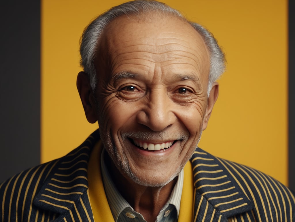 Smiling and cheerful old man in a striped jacket on an isolated yellow background