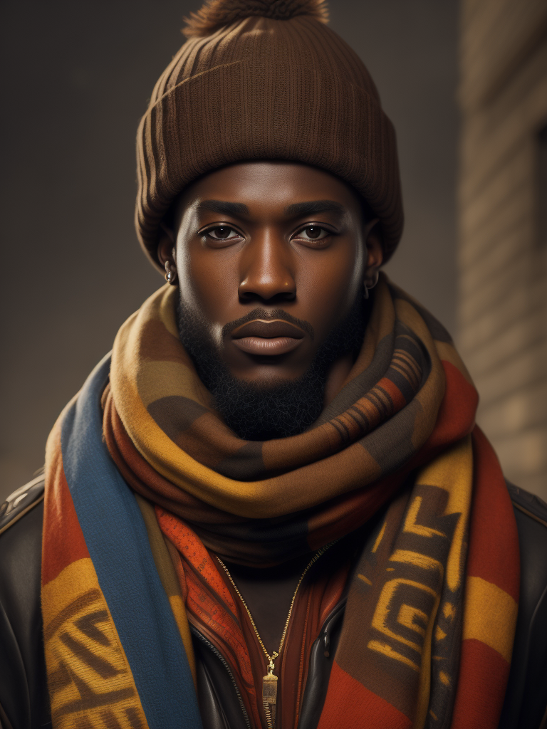 an african model wearing a brown beanie and a colorful scarf with "junk" written on it