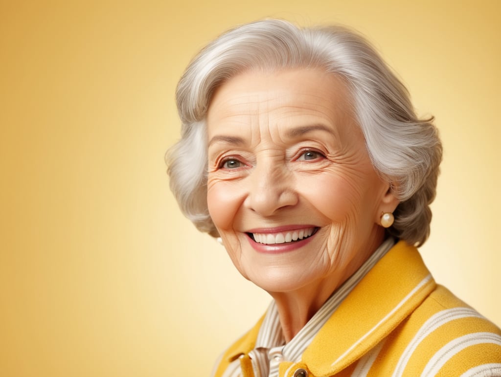 Smiling and cheerful old lady in a striped jacket on an isolated yellow background