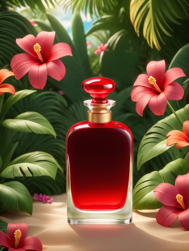 an ad shot of a plain perfume red bottle in a tropical setting with lots of flowers in a summer setting, professionally color graded, award-winning image