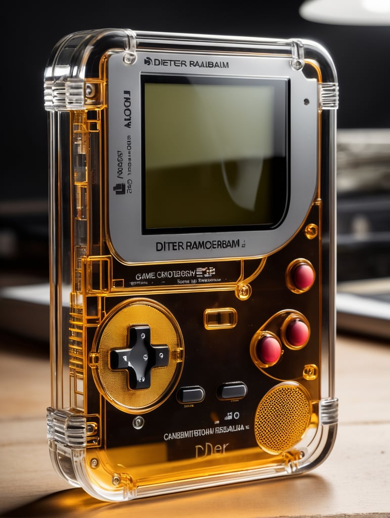 A see through polycarbonate game boy designed by dieter rams. industrial design inspiration. unreal engine render, natural lighting, on desk, beautiful shot