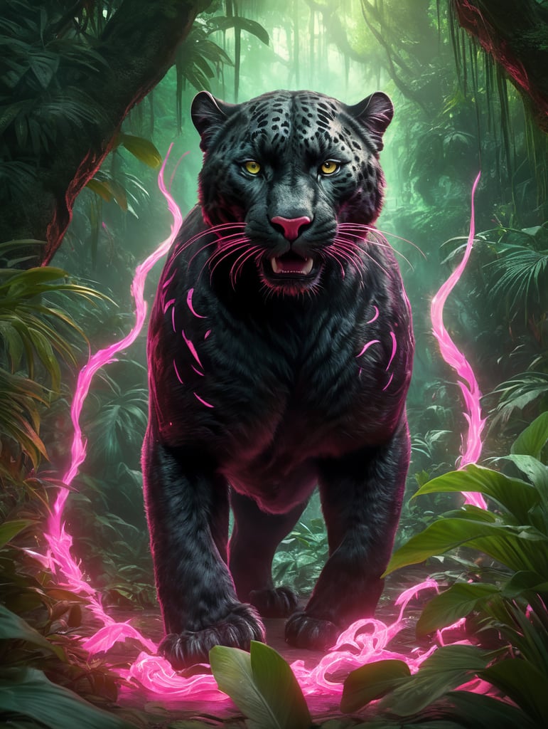 A furry cute panther surrounded by neon pink flames in a dreamy lush dark green jungle