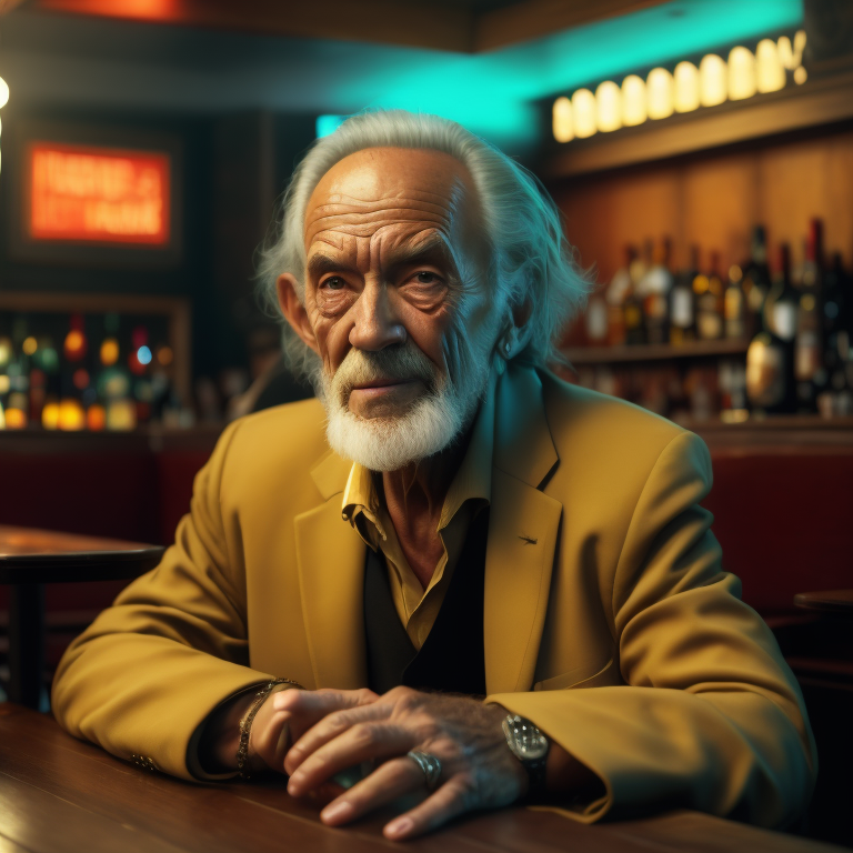 elderly man sitting at a table in a bar