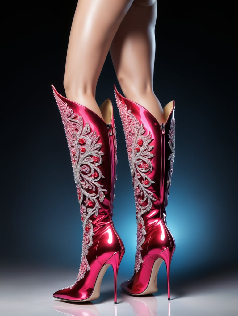 ceate a realistic stiletto heel boot with swarovki crystals and cherry motifs the color scheme of the boots is red and pink