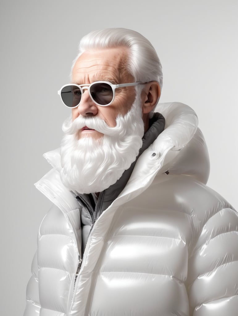 Inflatable white minimalist old man with beard puffer jacket, transparent, isolated, grey background, mockup