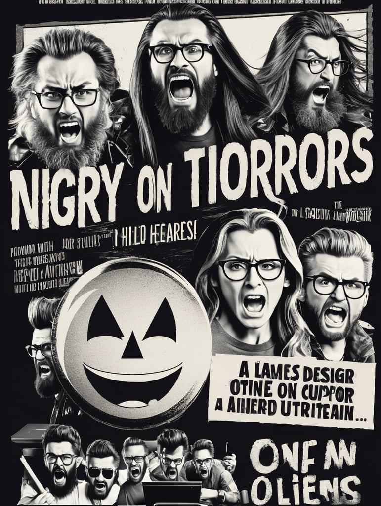 titulo STUD1029,arriba tres diseñadores gráficos, uno con barba larga y peinado de copete gritando, a un lado una diseñadora enojada con lentes redondos y cabello largo, al otro lado otra diseñadora lanzando una computadora